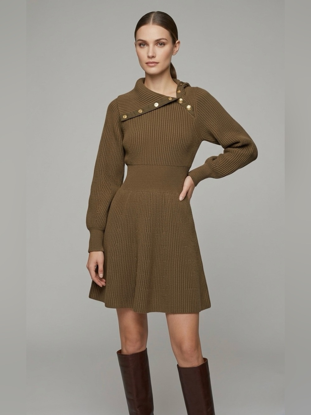 Derek Lam 10 Crosby ribbed knit sweater dress, fit and flare, gold buttons